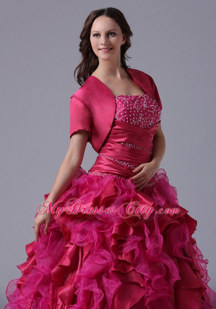 Fuchsia Ruffles Beaded Decorate Ruchs Quinceanera Dress With Jacket