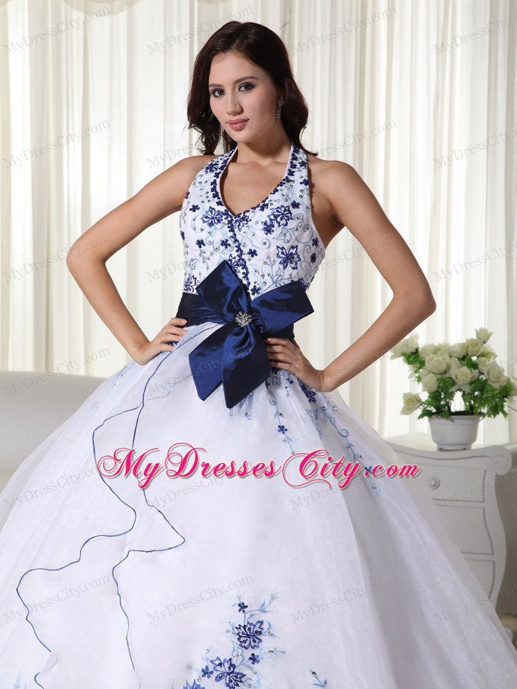White and Blue Halter Brooch Sash Floral Embroidery Quinceanera Dress