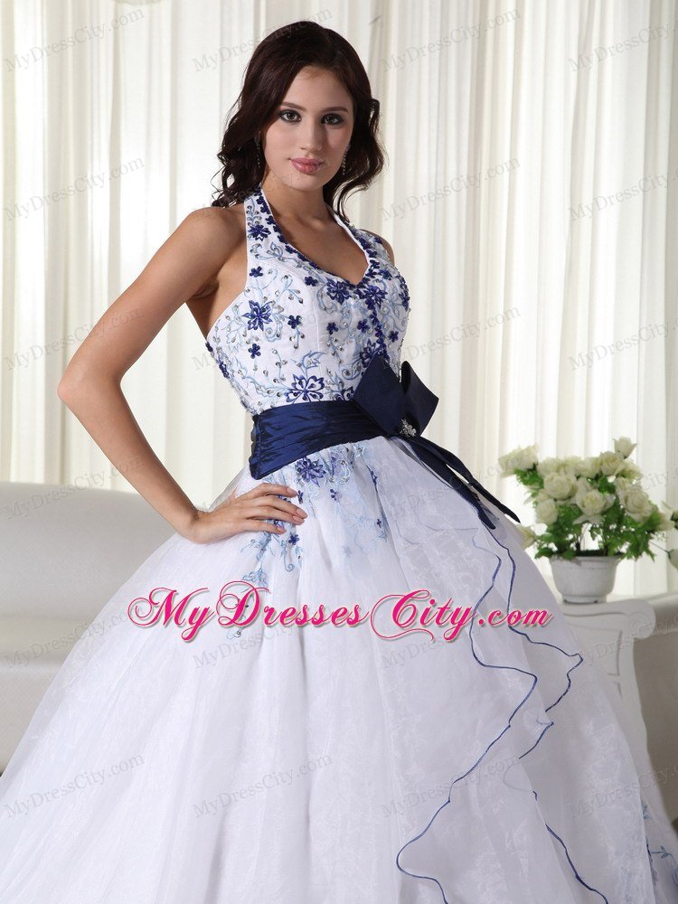 White and Blue Halter Brooch Sash Floral Embroidery Quinceanera Dress