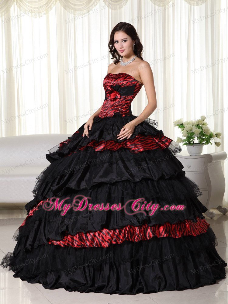 Strapless Ruffles Layers Black and Red Leopard Quinceanera Dress