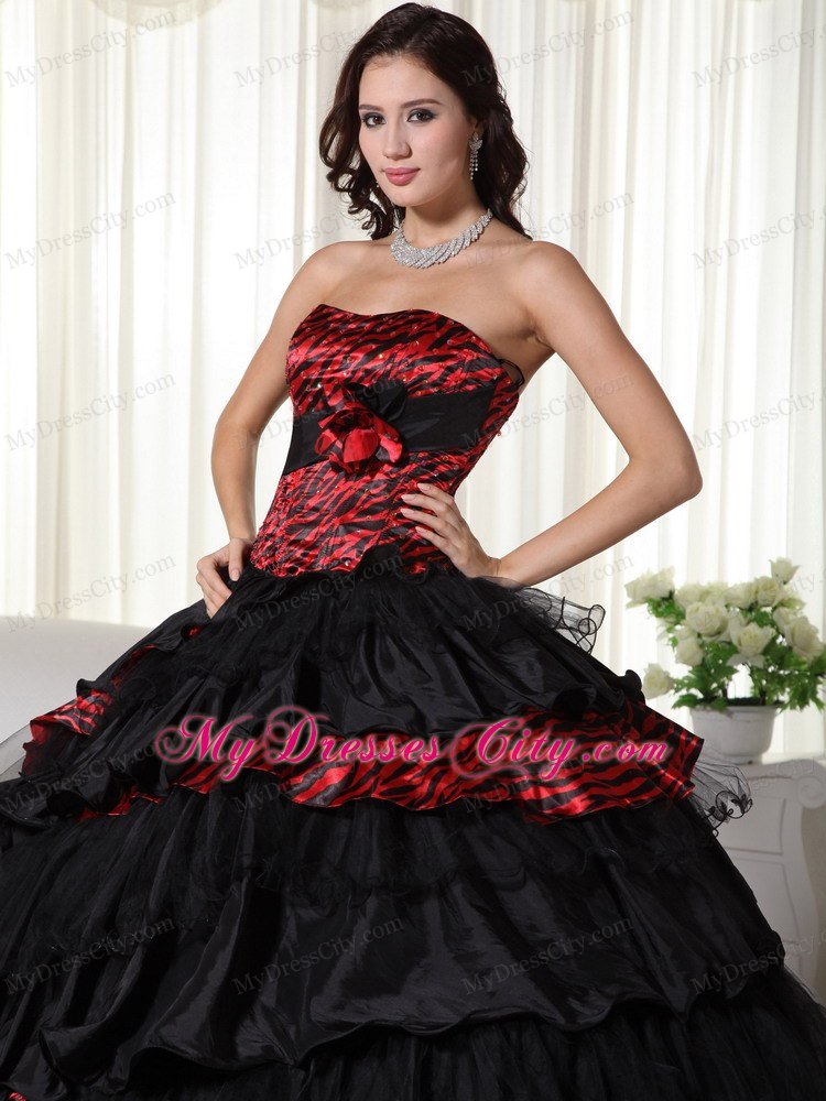 Strapless Ruffles Layers Black and Red Leopard Quinceanera Dress