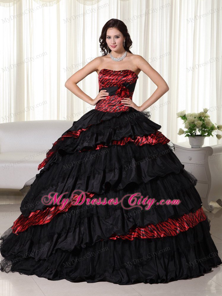 Strapless Ruffles Layers Black and Red Leopard Quinceanera Dress
