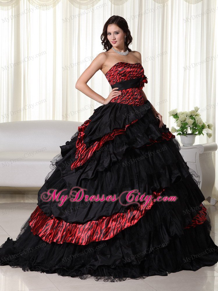 Strapless Ruffles Layers Black and Red Leopard Quinceanera Dress