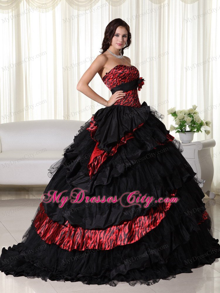 Strapless Ruffles Layers Black and Red Leopard Quinceanera Dress