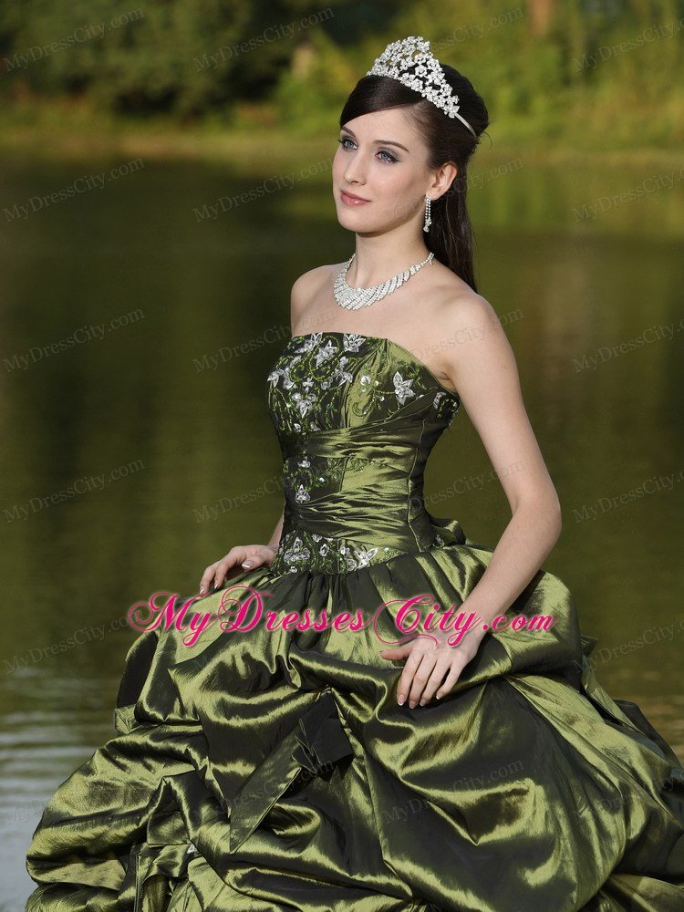 Strapless Taffeta Pick Ups Olive Green Quinceanera Dress With Beads