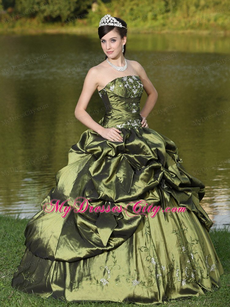 Strapless Taffeta Pick Ups Olive Green Quinceanera Dress With Beads