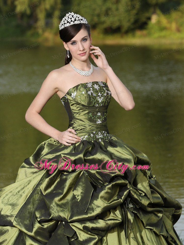 Strapless Taffeta Pick Ups Olive Green Quinceanera Dress With Beads