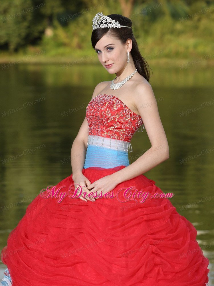 Strapless Ruches Beading Red Sweet 16 Dresses With Flower Decorate