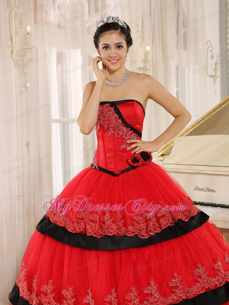 Strapless Handmade Flowers Red Quinceanera Gown with Appliques