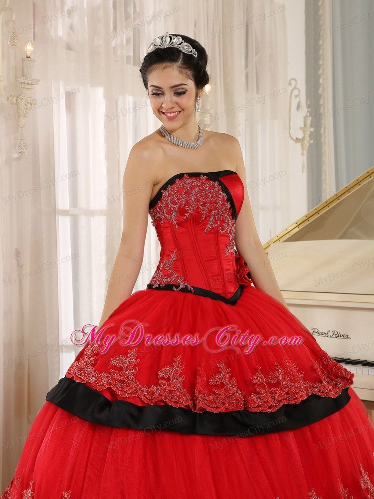 Strapless Handmade Flowers Red Quinceanera Gown with Appliques