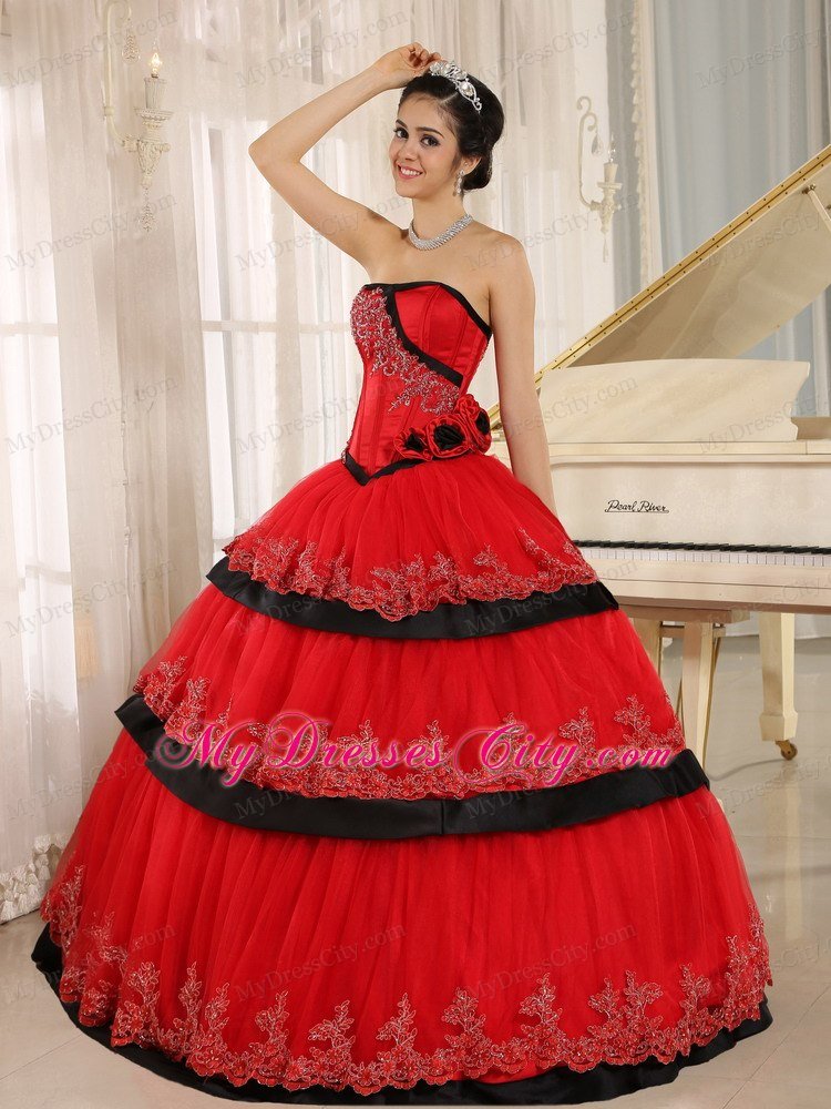Strapless Handmade Flowers Red Quinceanera Gown with Appliques