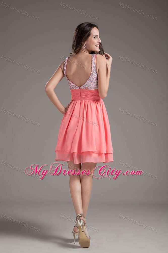 A-Line Straps Beading Watermelon Short Prom Dresses Under 100