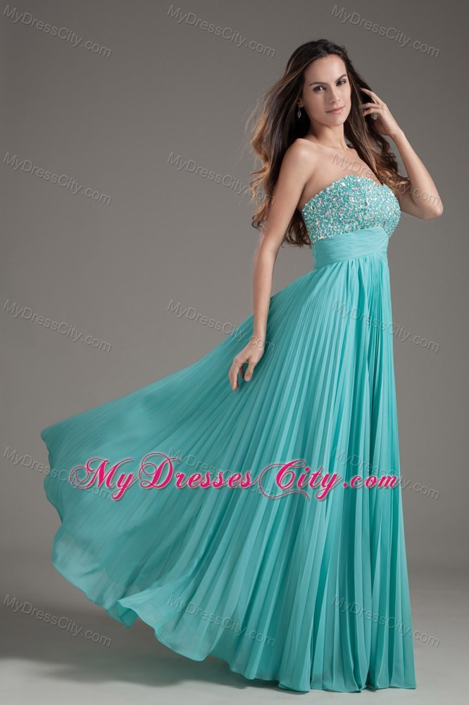 Pleat Empire Long Beading Turquoise Dress for Prom