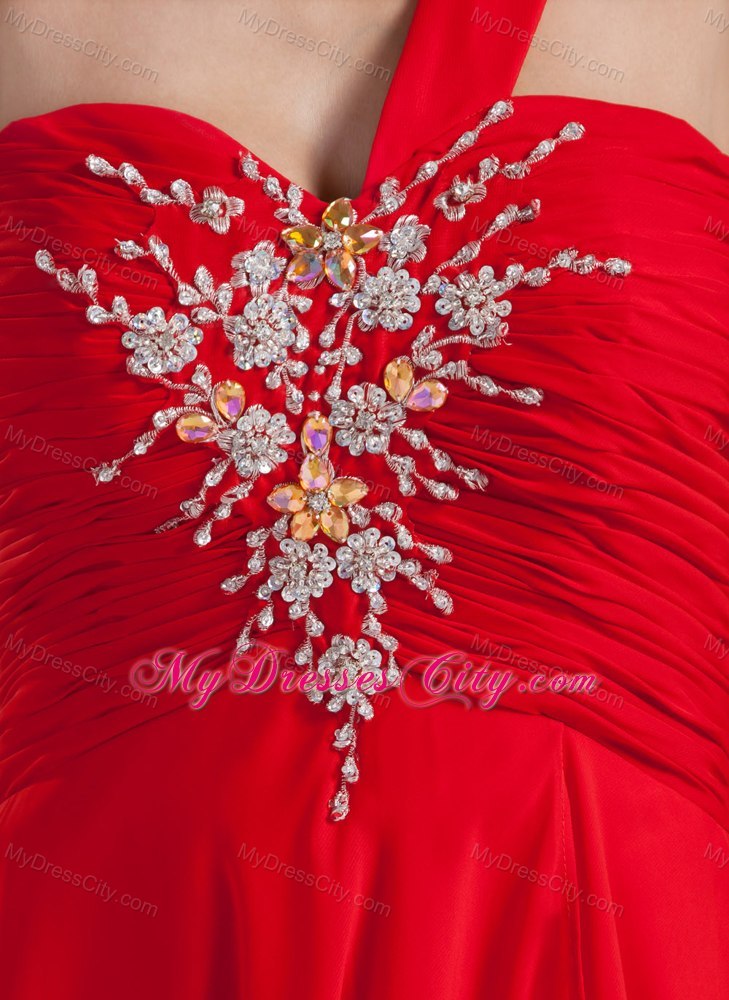 Single Shoulder Beading Red Chiffon Prom Dresses