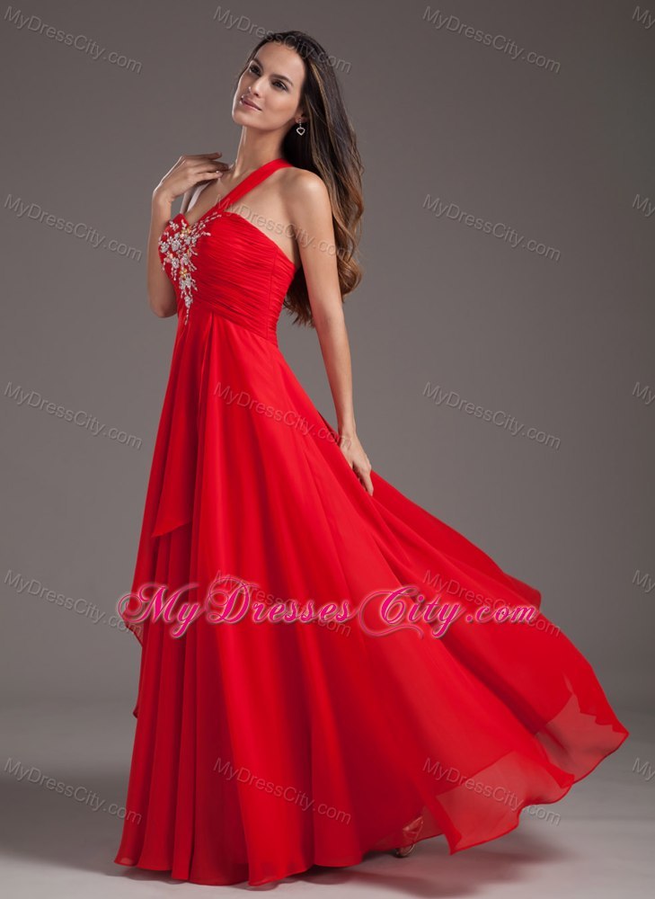 Single Shoulder Beading Red Chiffon Prom Dresses