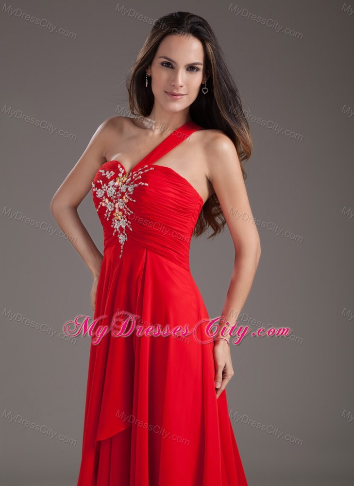 Single Shoulder Beading Red Chiffon Prom Dresses
