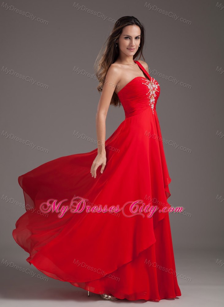 Single Shoulder Beading Red Chiffon Prom Dresses - MyDressCity.com