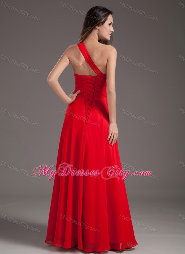 Single Shoulder Beading Red Chiffon Prom Dresses