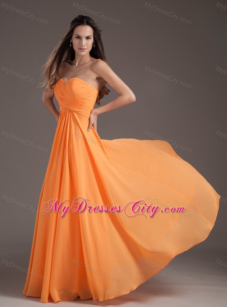 Ruched Chiffon Sweetheart Neck Orange Long Prom Gowns