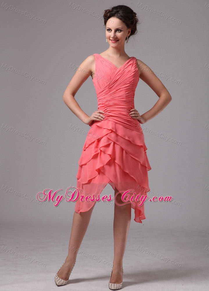 Watermelon Ruching V-neck Cocktail Dress with Zipper up Back