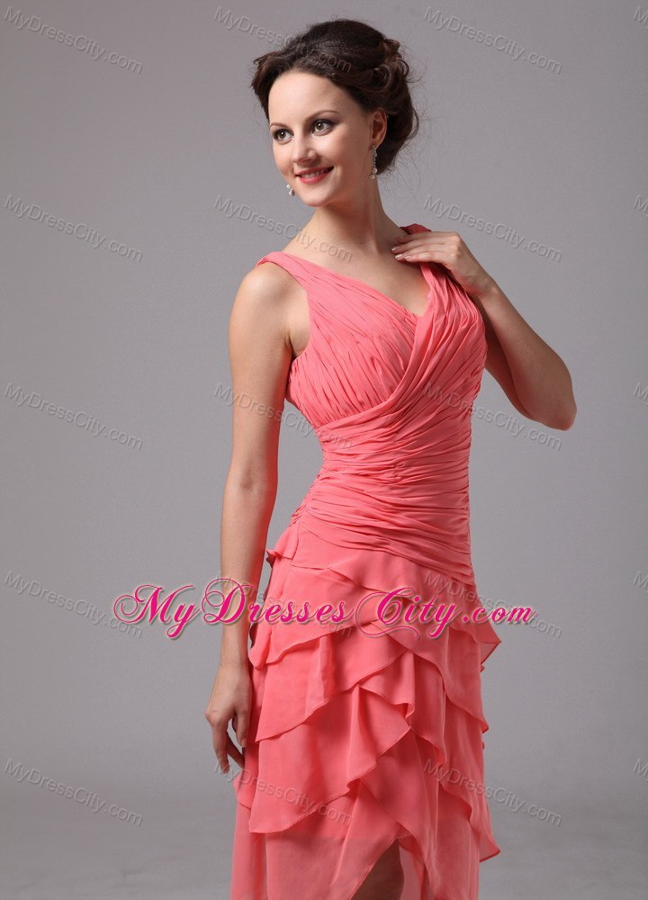 Watermelon Ruching V-neck Cocktail Dress with Zipper up Back