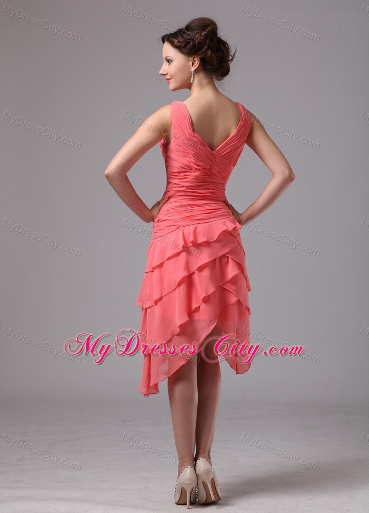 Watermelon Ruching V-neck Cocktail Dress with Zipper up Back
