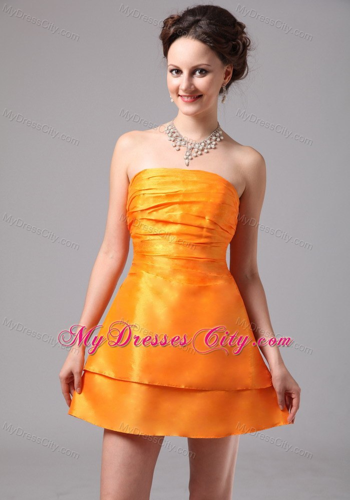 Simple Short Orange Ruching Mini-length Cocktail Dress