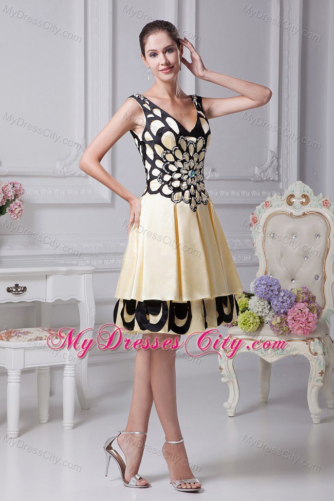 V-neck Yellow and Black A-line Beading Cocktail Dress