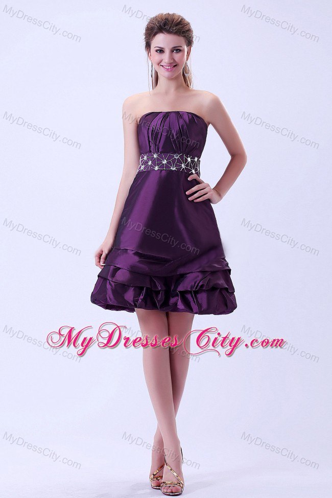 Dark Purple Strapless Beaded Cocktail Dress Knee-length