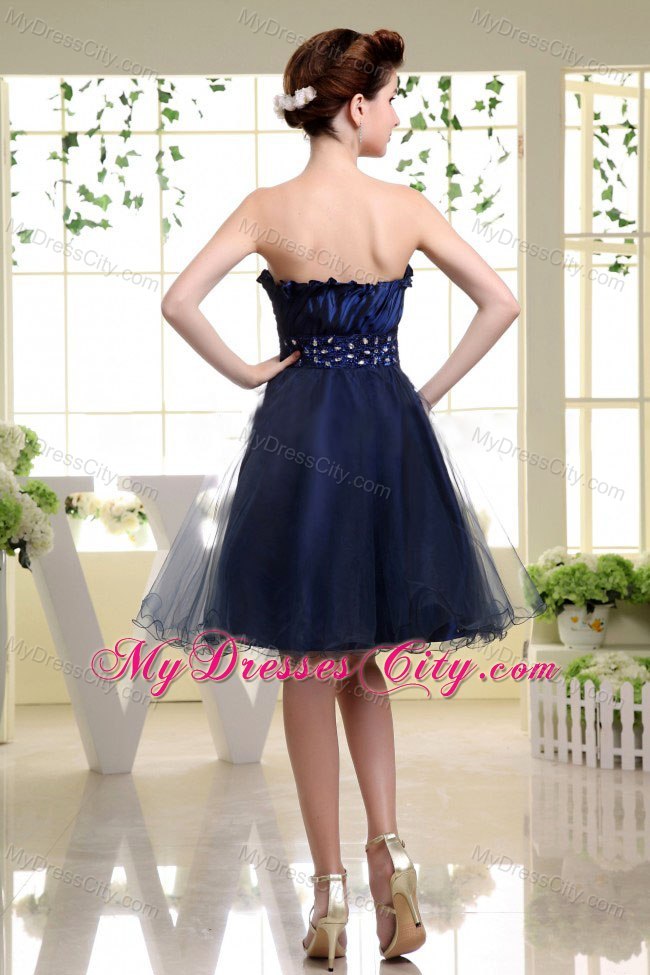 Navy Blue Strapless Curly Neck Beaded Organza Short Cocktail Dress