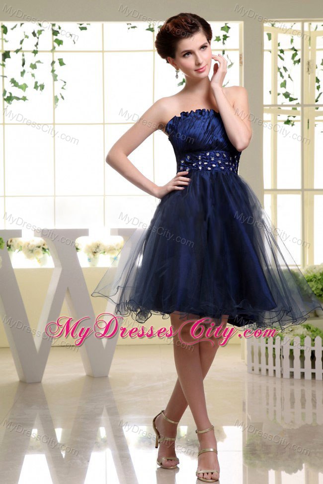 Navy Blue Strapless Curly Neck Beaded Organza Short Cocktail Dress