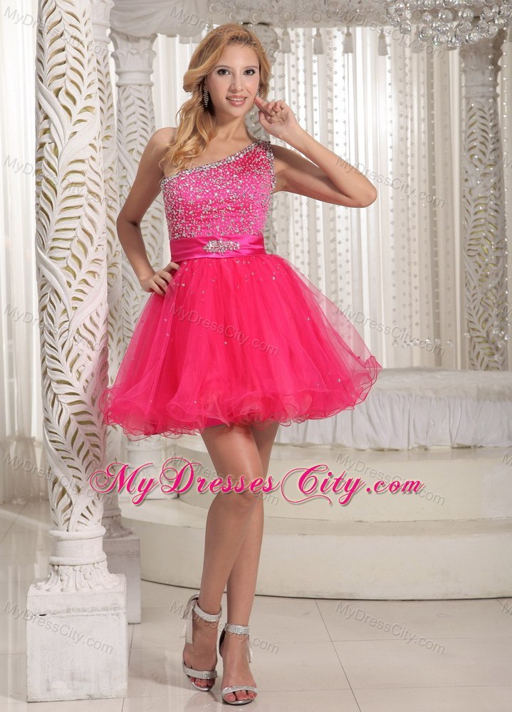 One Shoulder Beaded Organza Hot Pink Short Prom Cocktail Dress