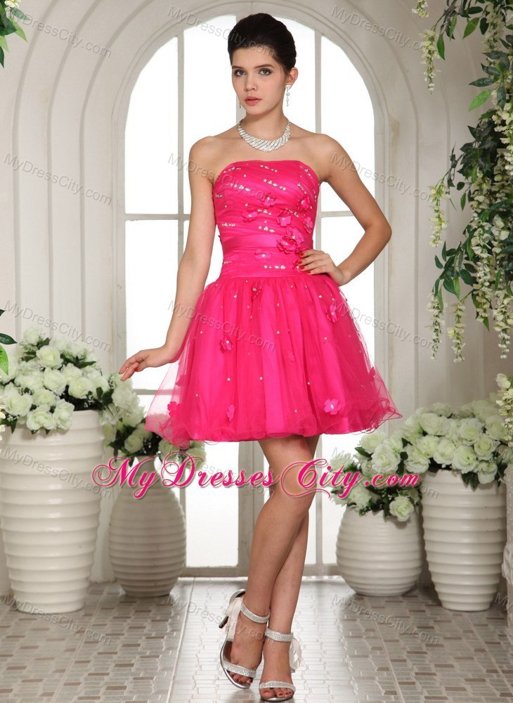 Appliques and Beading Strapless Mini-length Hot Pink Short Cocktail Dress