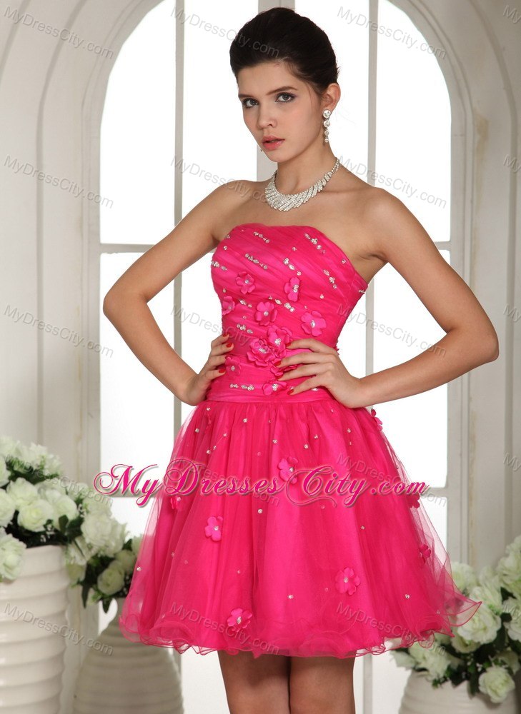 Appliques and Beading Strapless Mini-length Hot Pink Short Cocktail Dress