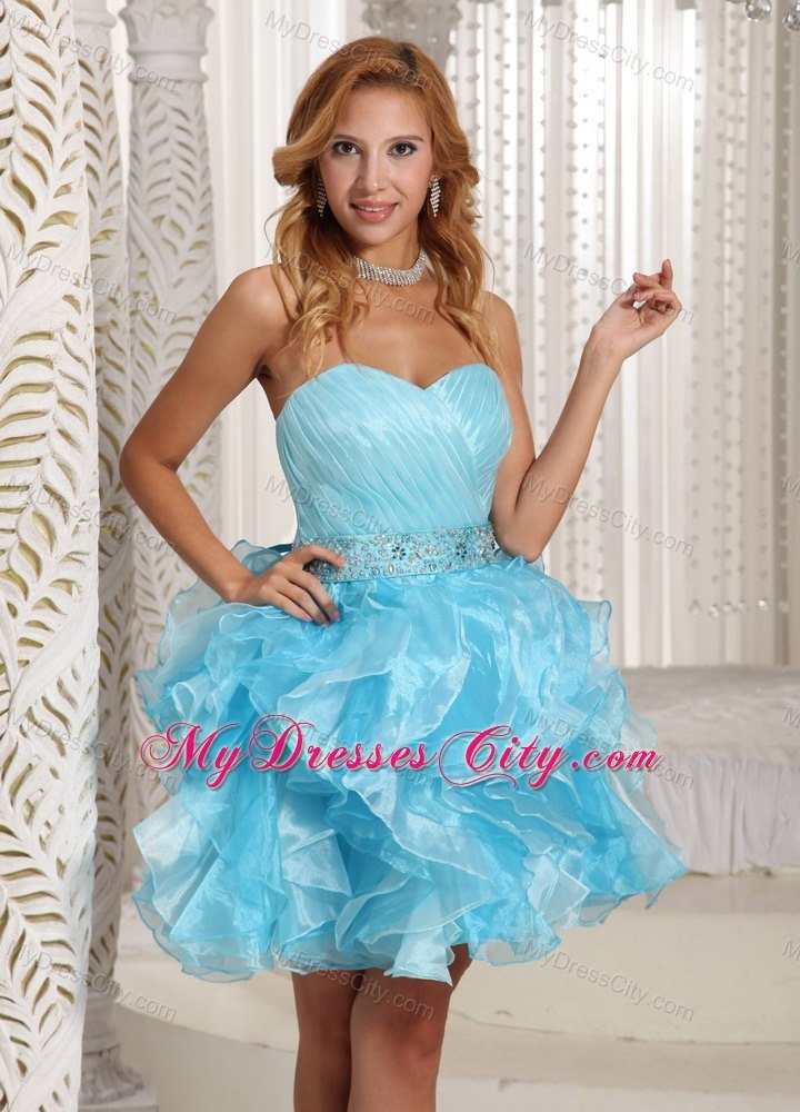 Aque Blue Ruffles Ruched and Beading Mini-length Prom Cocktail Dress