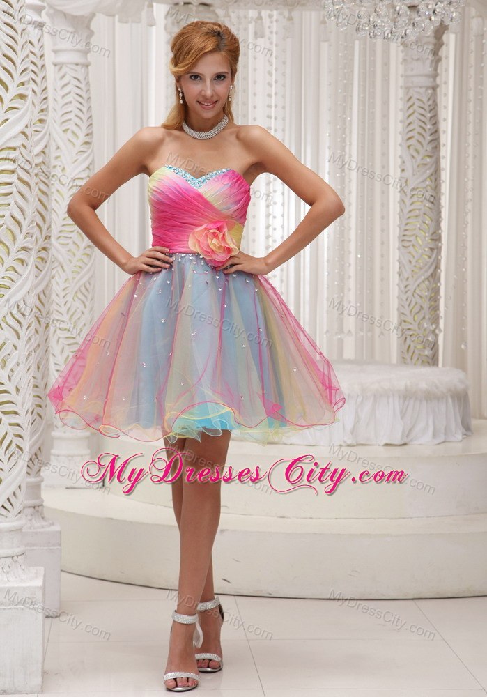 Colorful Hand Made Flower Sweetheart Beaded Ruched organza Cocktail Dress