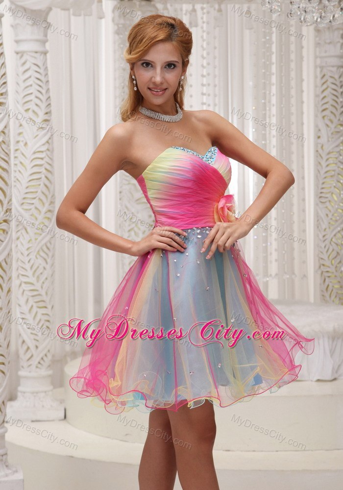 Colorful Hand Made Flower Sweetheart Beaded Ruched organza Cocktail Dress