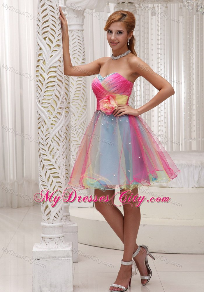 Colorful Hand Made Flower Sweetheart Beaded Ruched organza Cocktail Dress