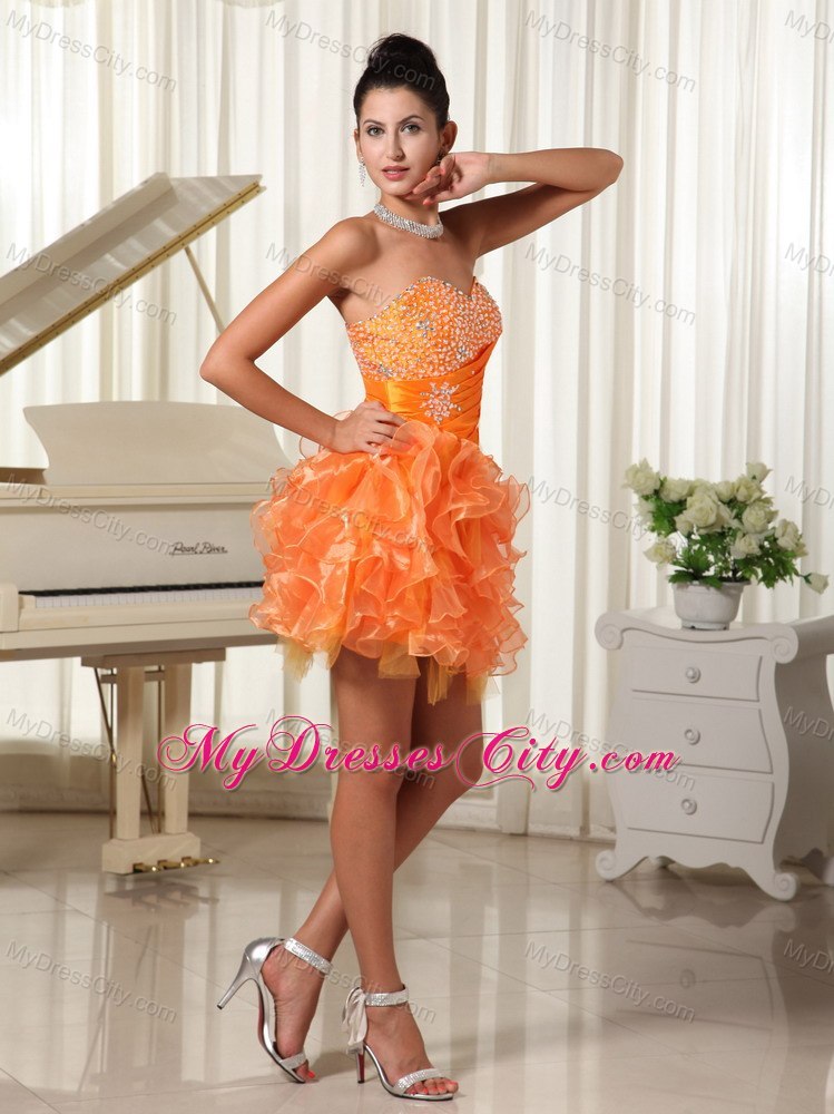 Mini-length Sweetheart Orange Cocktail Dress with Beading and Ruffles