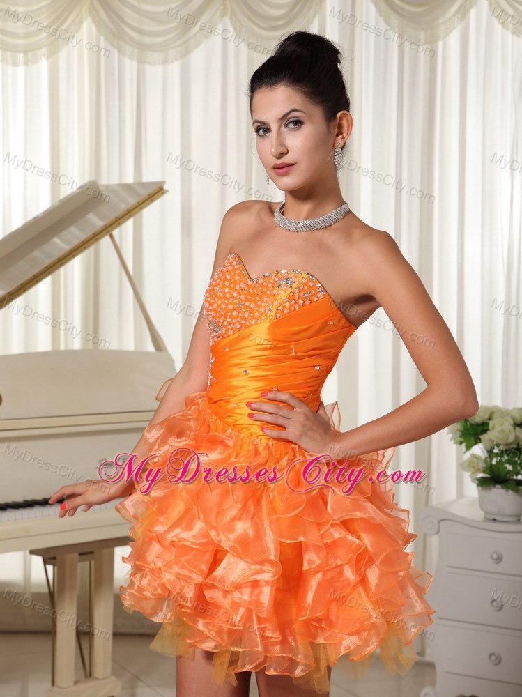 Mini-length Sweetheart Orange Cocktail Dress with Beading and Ruffles