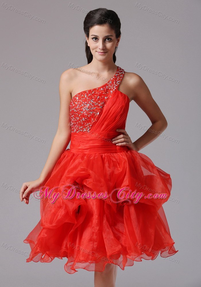 Pick-ups One Shoulder Beaded Organza Prom Cutout Back Cocktail Dress