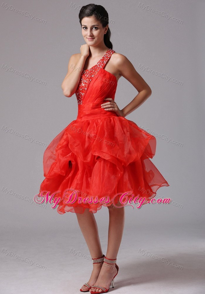 Pick-ups One Shoulder Beaded Organza Prom Cutout Back Cocktail Dress