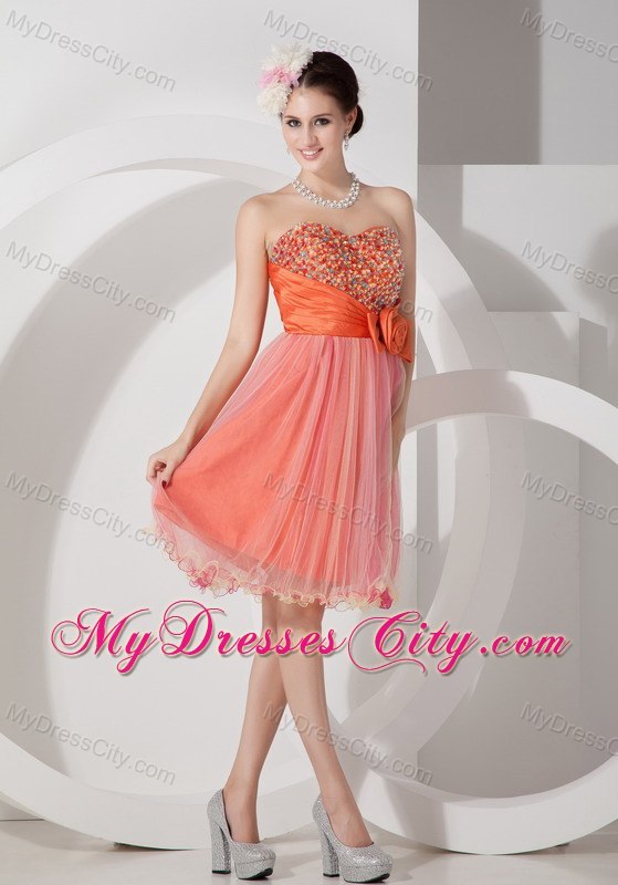 Rosette Sweetheart Short Beaded Organza Knee-length Prom Cocktail Dress