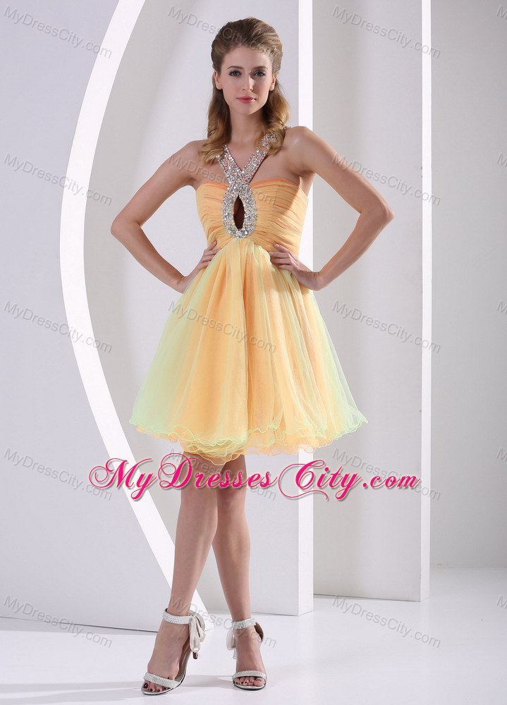 Colorful Straps Ruched Prom Cocktail Dress with Cut Outs Bust