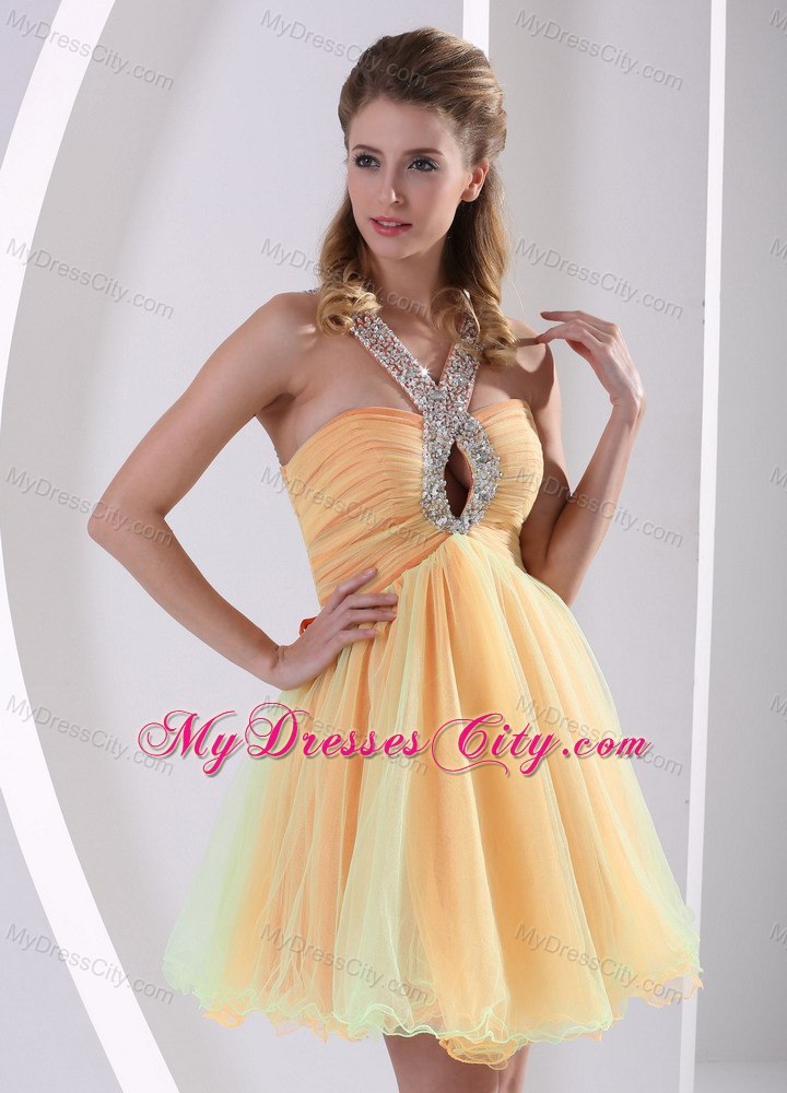 Colorful Straps Ruched Prom Cocktail Dress with Cut Outs Bust