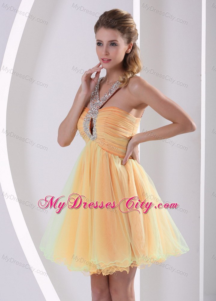 Colorful Straps Ruched Prom Cocktail Dress with Cut Outs Bust