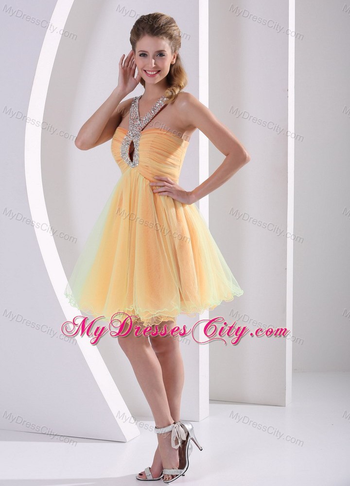 Colorful Straps Ruched Prom Cocktail Dress with Cut Outs Bust