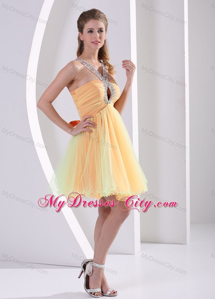Colorful Straps Ruched Prom Cocktail Dress with Cut Outs Bust