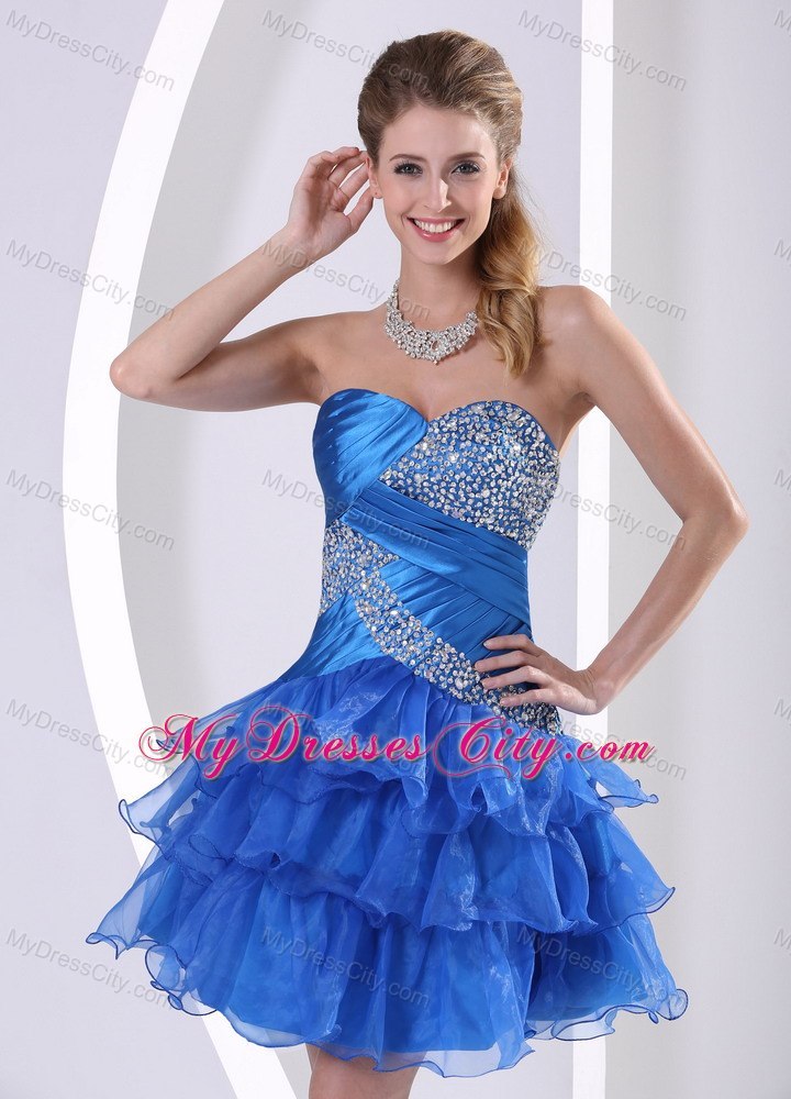 Blue Ruching Layered Sweetheart Cocktail Dress with Beading