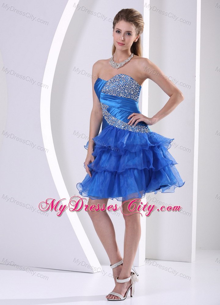 Blue Ruching Layered Sweetheart Cocktail Dress with Beading